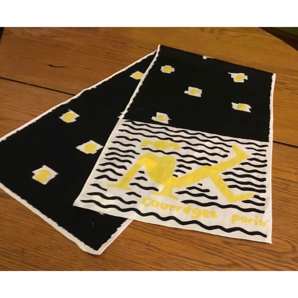 Vintage Courreges Paris Black/White/Yellow Cotton Swimmer/Waves Scarf Rectangle